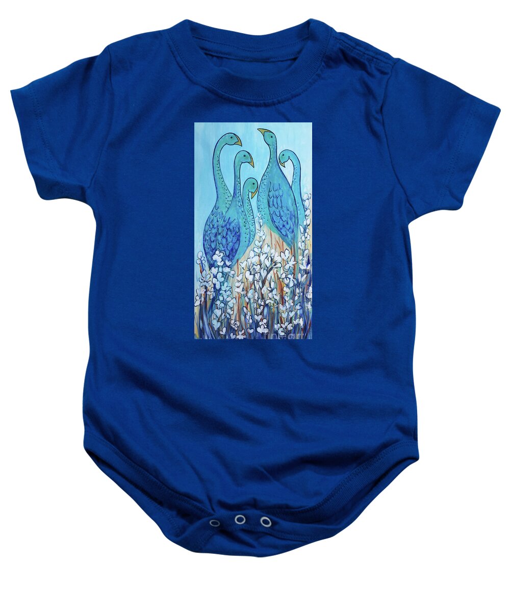 Birds Baby Onesie featuring the painting Tall Teal Birds by Holly Carmichael