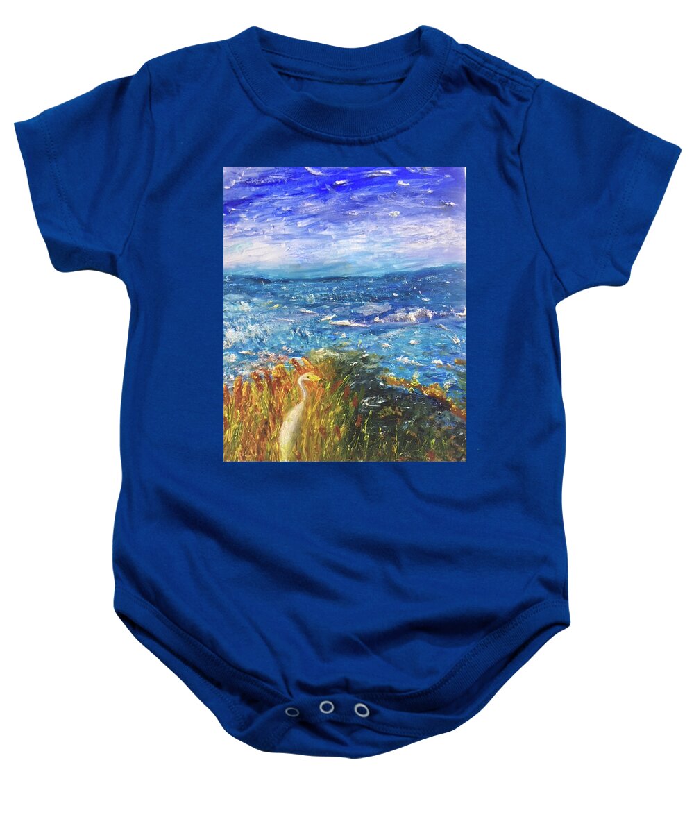 Seascape Baby Onesie featuring the painting The Great Egret of the Gulf Coast by Susan Grunin