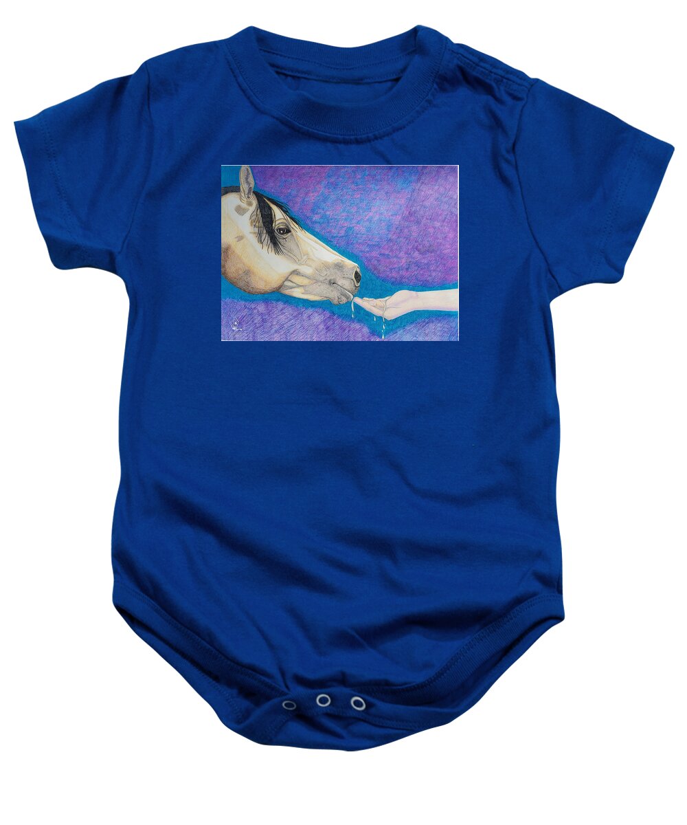 Buckskin Horse Baby Onesie featuring the drawing Water for My Friend by Equus Artisan