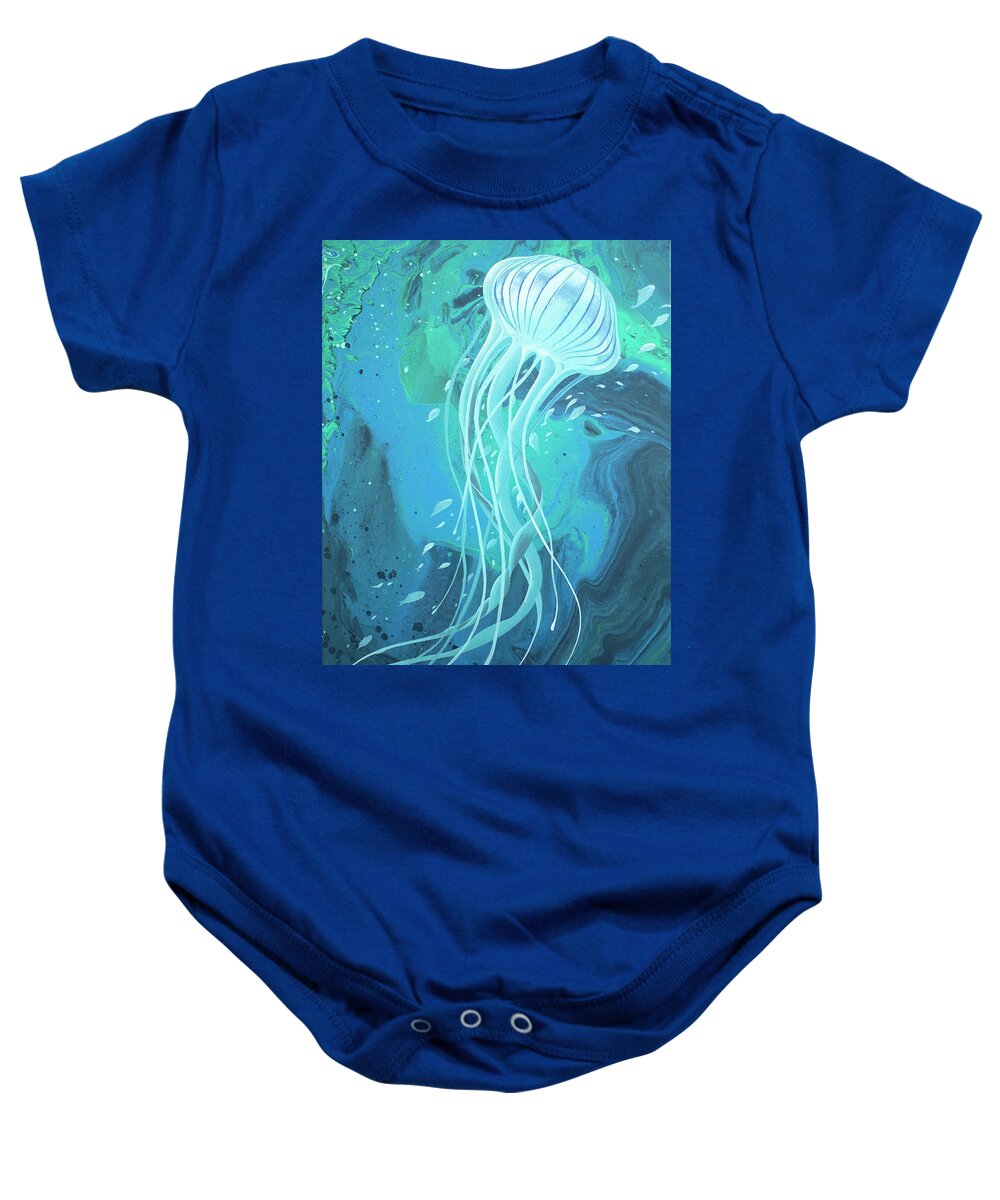 White Jellyfish On Blue - 20” X 16” Acrylic On Canvas Baby Onesie featuring the painting White Jellyfish by William Love