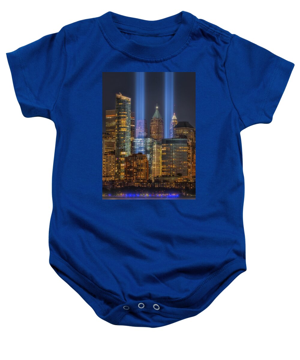 Tribute In Light Baby Onesie featuring the photograph A NYC 911 Tribute #1 by Susan Candelario