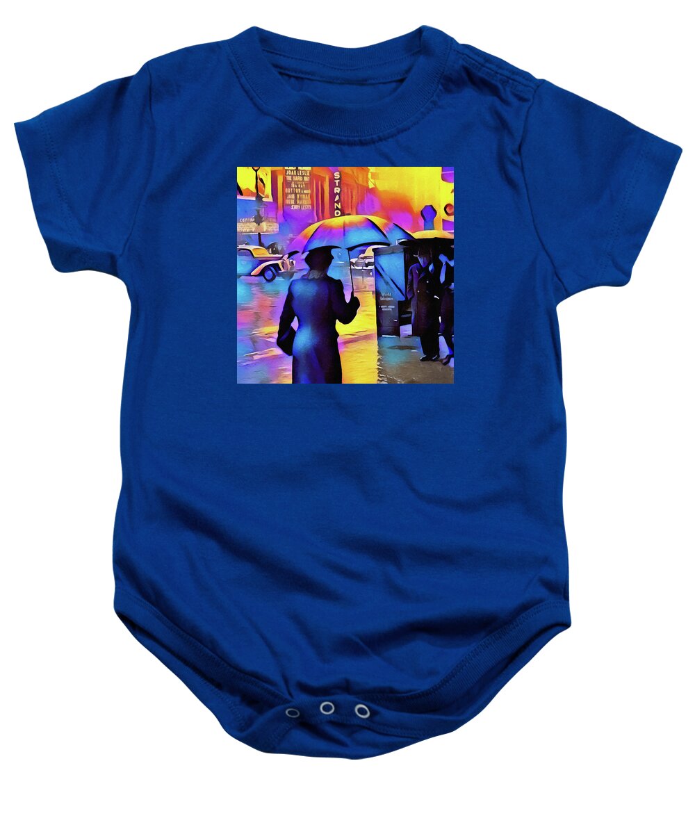 1940s Times Square Rain Iii Baby Onesie featuring the digital art 1940s Times Square Rain IIl by Susan Maxwell Schmidt