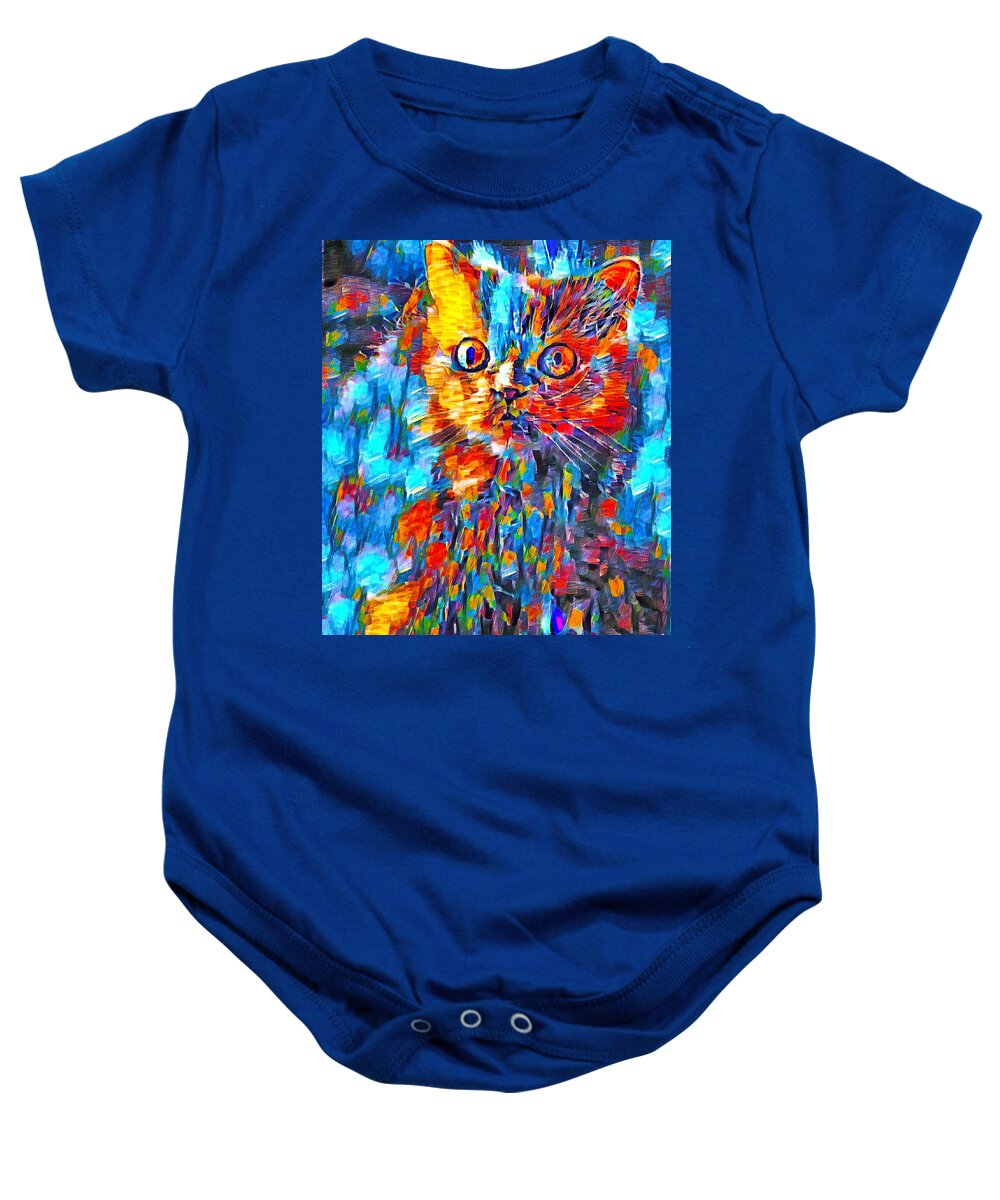 Persian Cat Baby Onesie featuring the digital art Alert colorful Persian cat abstract painting by Nicko Prints