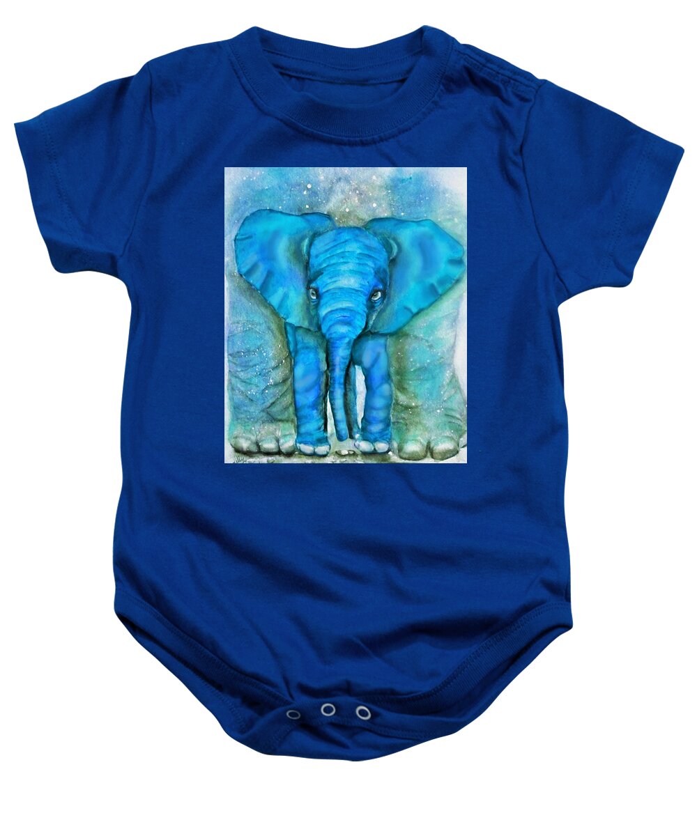 The Playroom Baby Onesie featuring the mixed media Baby Elephant Safe Under Mama by Kelly Mills