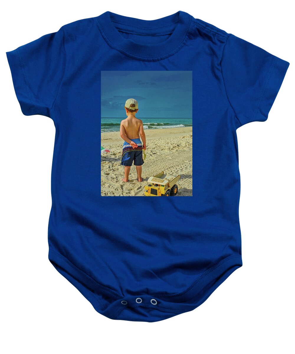 Kid Baby Onesie featuring the photograph Beach with a Kid and a Truck by James C Richardson