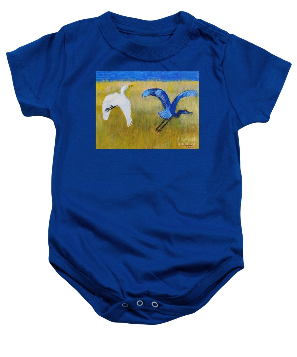 Snowy Egret Baby Onesie featuring the painting Birds at Emerald Isle by Elizabeth Mauldin