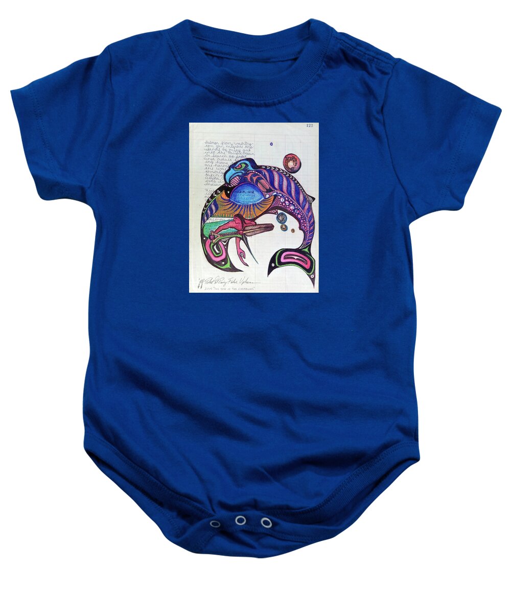 Quinault Nation Baby Onesie featuring the drawing Blueback Salmon by Robert Running Fisher Upham