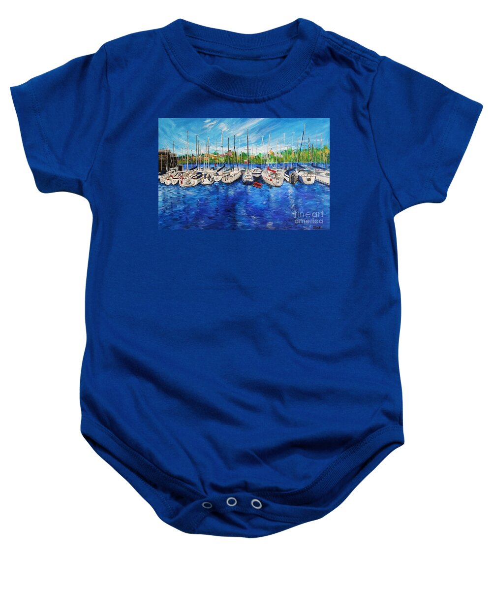 Sweden Baby Onesie featuring the painting Boats near the Vasa Museum, Stockholm, Sverige by C E Dill