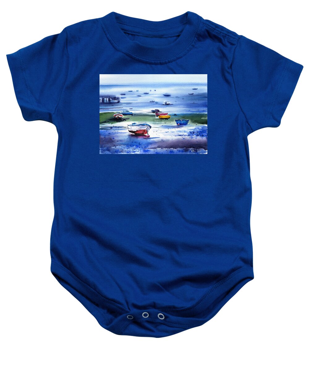 Portugal Baby Onesie featuring the painting Boats On Shore in Portugal by Dora Hathazi Mendes