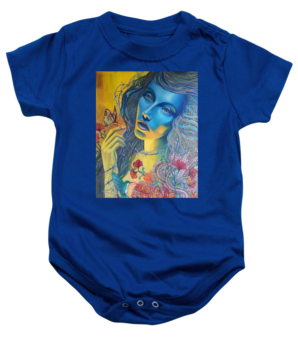 Blue Covid Butterfly Bird Woman Oils Canvas Baby Onesie featuring the painting Breathe 2020 by Caroline Philp