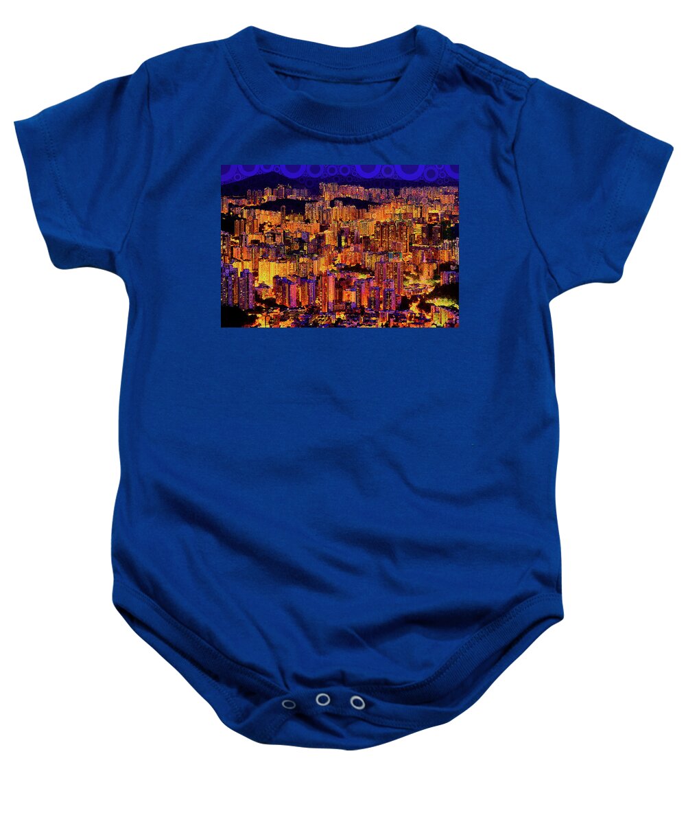 Hong Kong Baby Onesie featuring the mixed media Brighter Lights, Big City by Susan Maxwell Schmidt