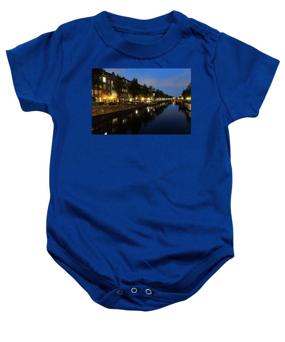 Night Baby Onesie featuring the photograph Canal at Night by Marian Tagliarino