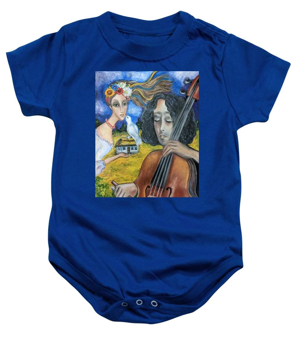 Ukraine Baby Onesie featuring the painting Cello For Peace by Yana Golberg