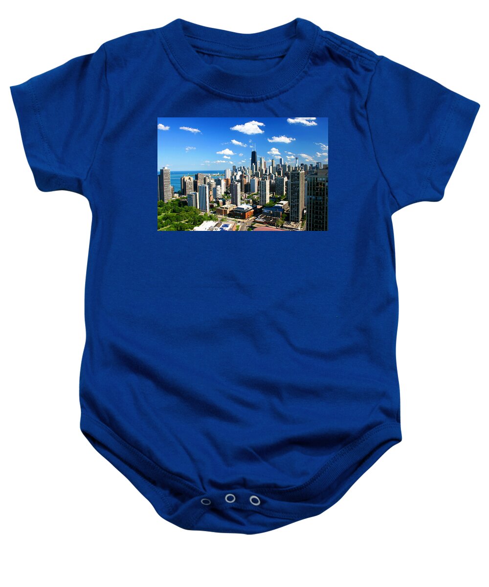 Architecture Baby Onesie featuring the photograph Chicago Gold Coast Aerial Skyline Blue Sky by Patrick Malon