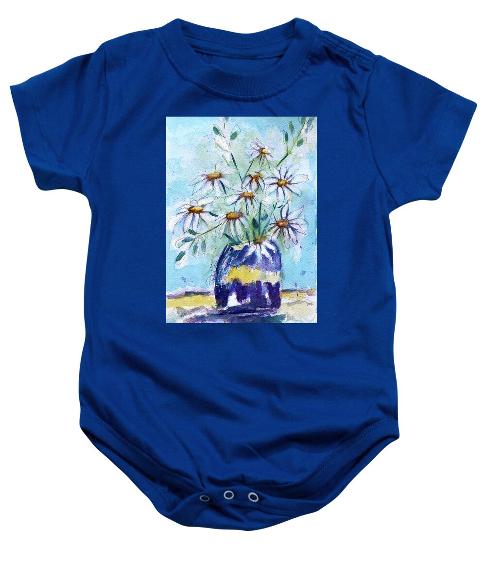 Loose Floral Baby Onesie featuring the painting Daisies in a Purple Vase by Roxy Rich