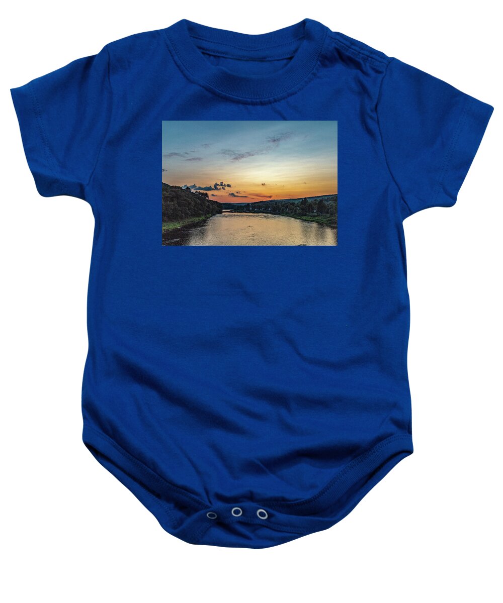 Rivers Baby Onesie featuring the photograph Delaware River Sunset - Shohola Barryville Bridge by Amelia Pearn