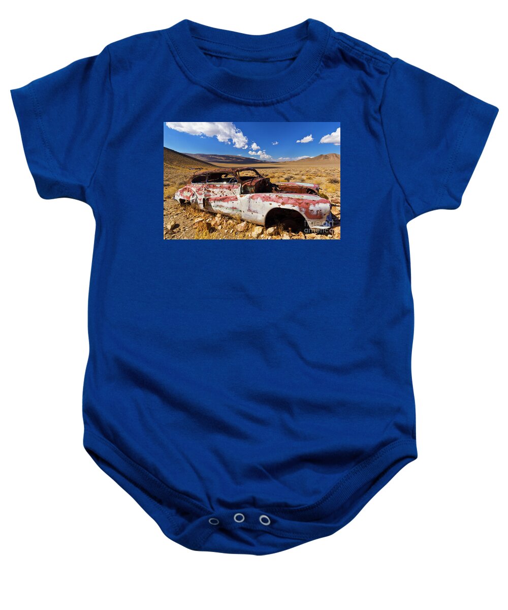 Rusty Car Baby Onesie featuring the photograph Derelict Buick Roadmaster, Death Valley, Calif by Neale And Judith Clark