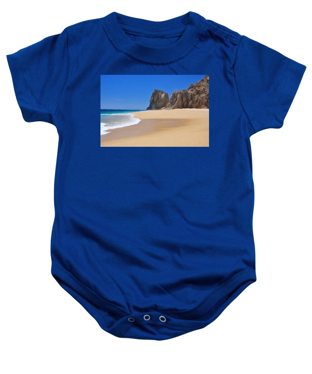 The Blue Pacific Rolls Into The Pristine Sands Of Divorce Beach Near Cabo San Lucas Mexico  Ironically This Beach Is Just Opposite Lovers Beach Which Looks Out Onto The Gulf Of California Baby Onesie featuring the digital art Divorce Beach by Ed Stokes