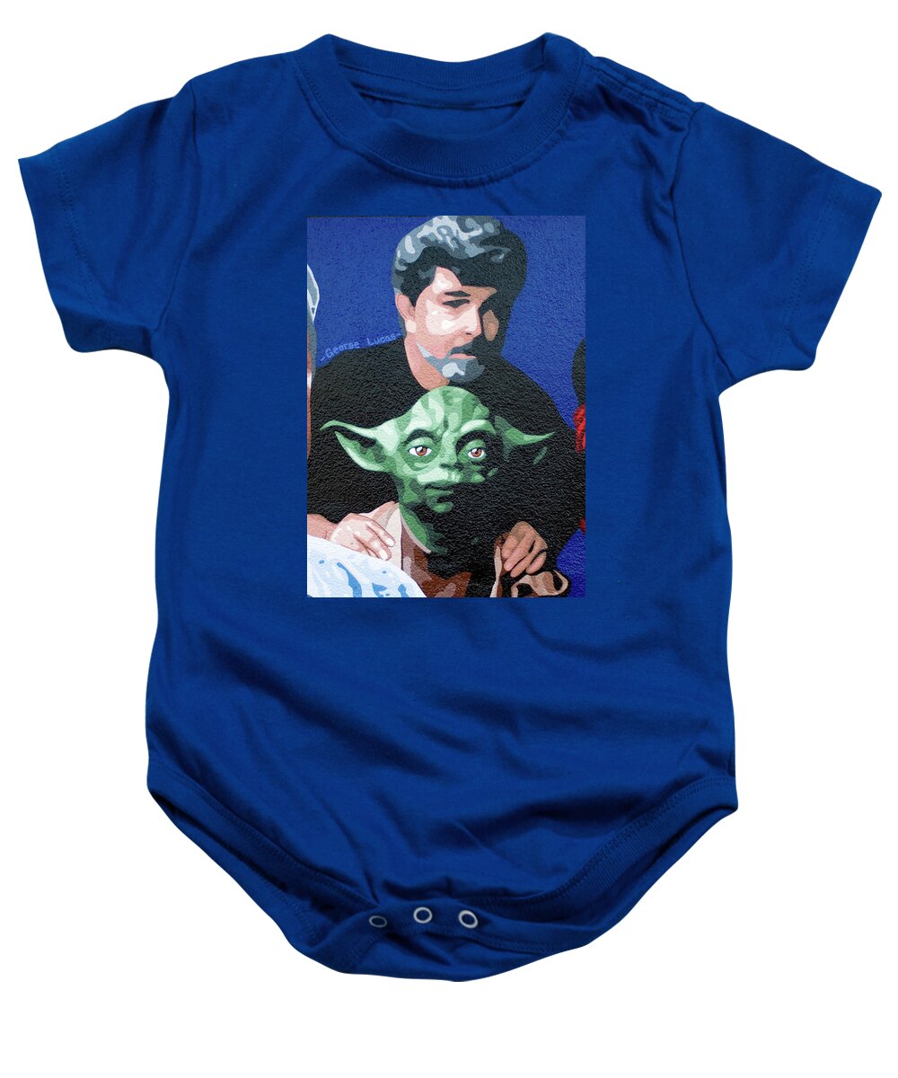 Acrylic Baby Onesie featuring the painting George Lucas with Yoda by Roberto Valdes Sanchez