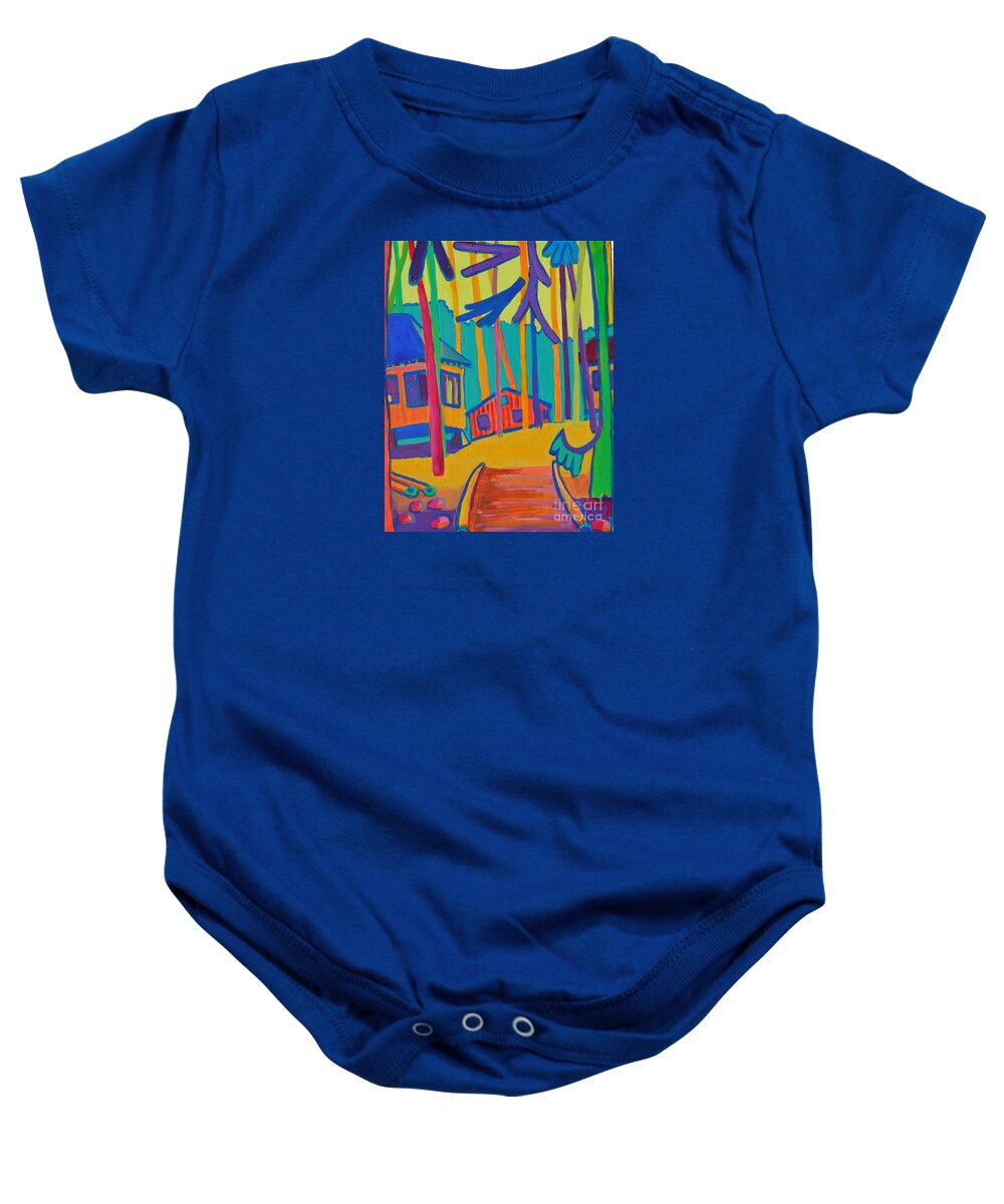 Landscape Baby Onesie featuring the painting Girls Cottages at Camp Massapoag by Debra Bretton Robinson