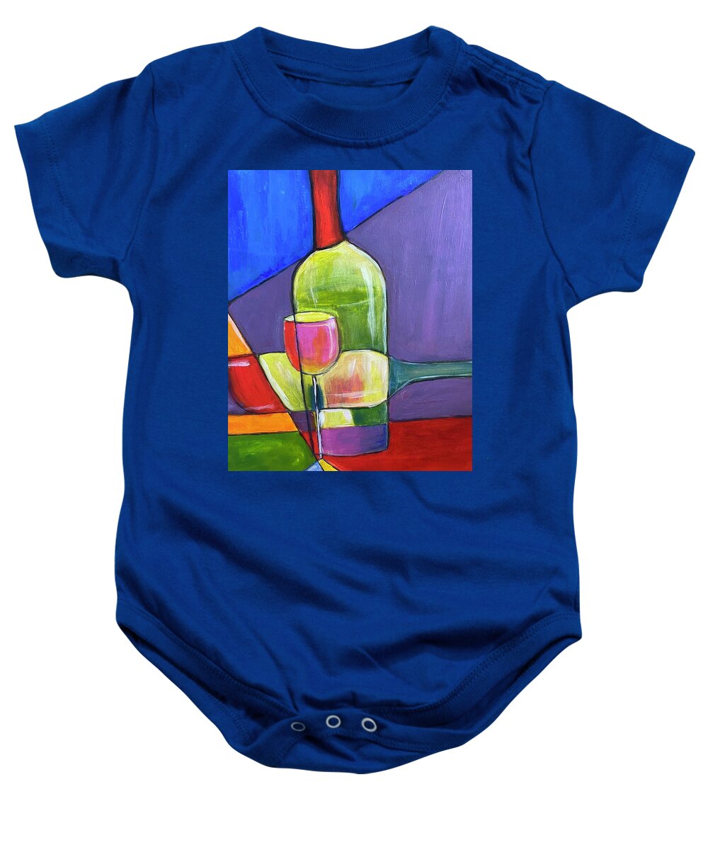 Abstract Baby Onesie featuring the painting Green Wine Bottle and Glass by Denice Palanuk Wilson