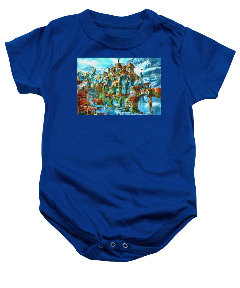 Painting Baby Onesie featuring the painting Hanging city by Nenad Vasic
