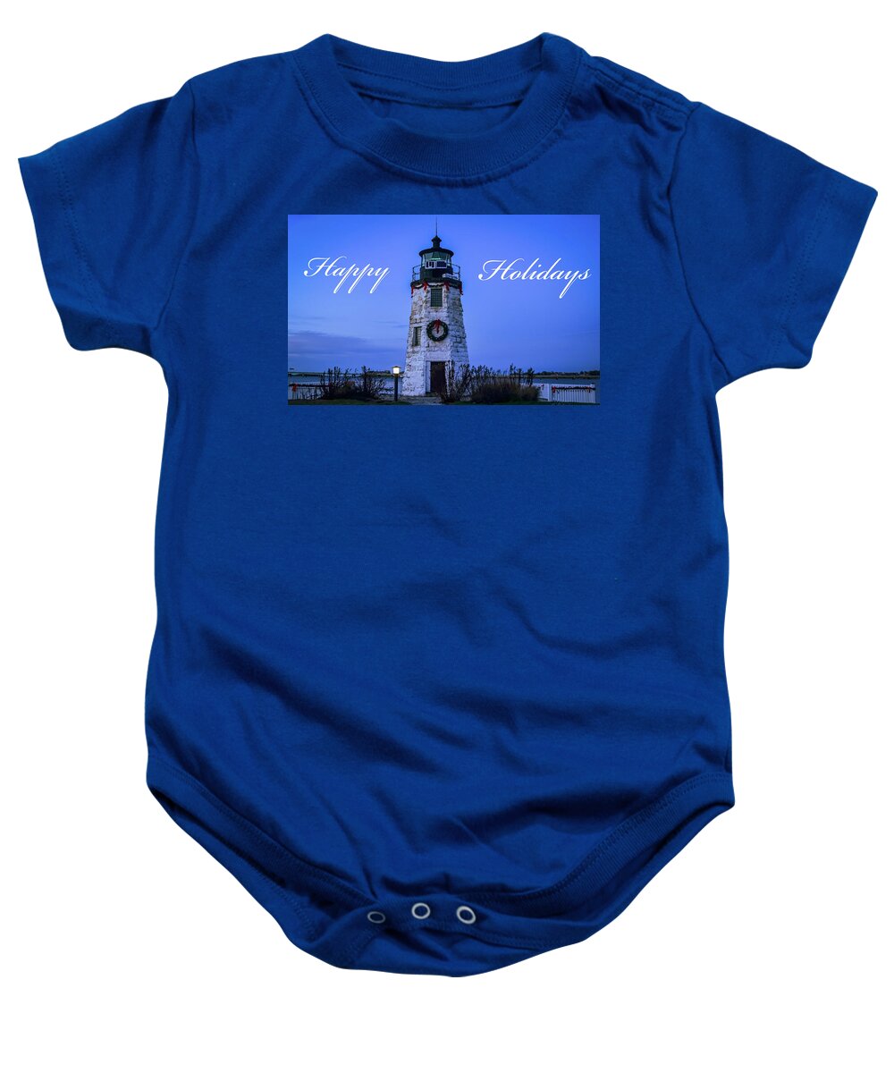 Happy Holidays From Goat Island Lighthouse Baby Onesie featuring the photograph Happy Holidays from Goat Island Lighthouse by Christina McGoran