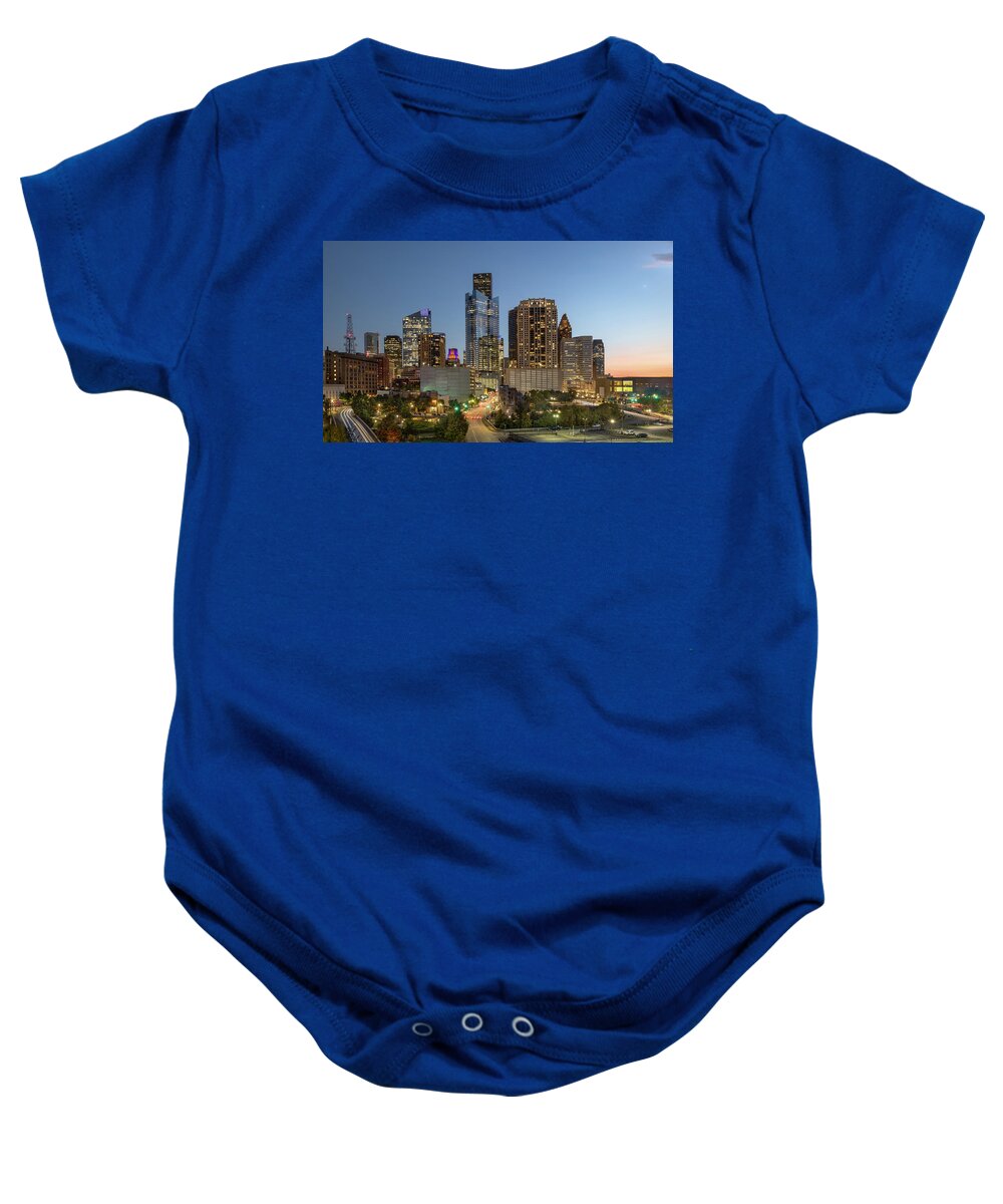 Cityscape Baby Onesie featuring the photograph Houston's Night Skyline by James Woody