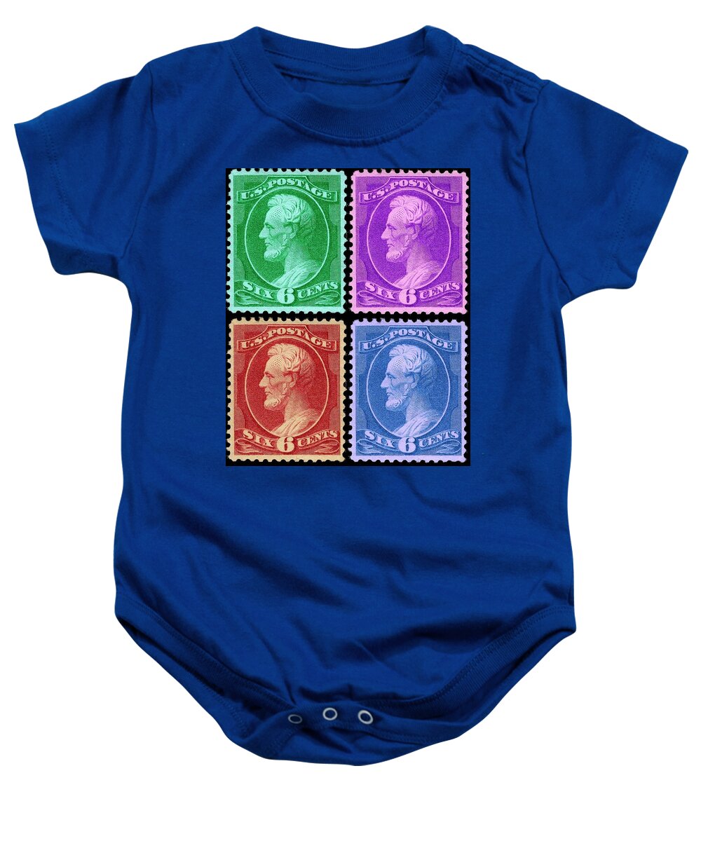 Lincoln Baby Onesie featuring the mixed media Lincoln Stamp PopArt by Eileen Backman
