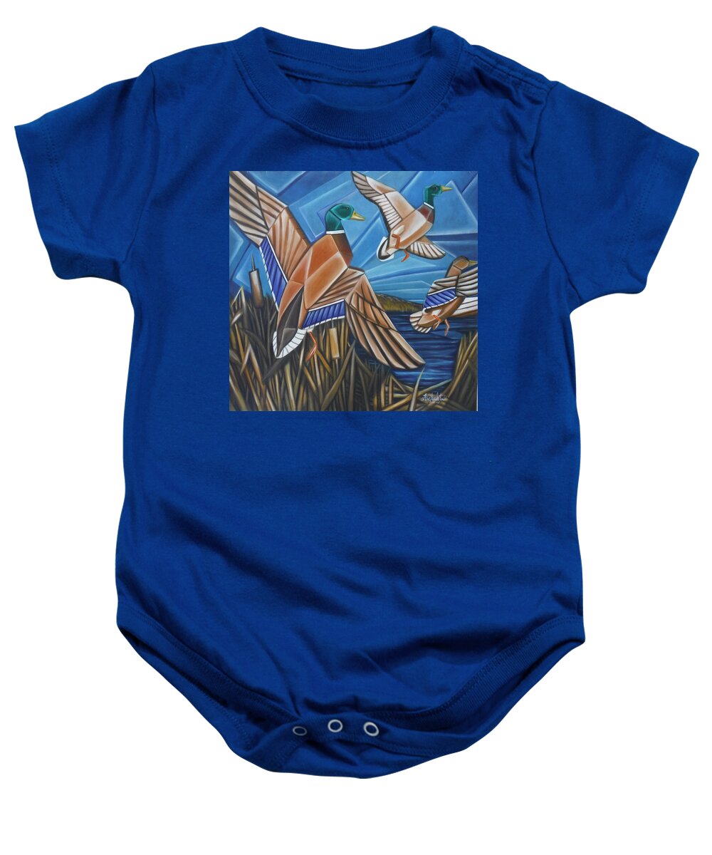 Mallard Ducks Baby Onesie featuring the painting Heading South for the Winter by Ruben Archuleta - Art Gallery