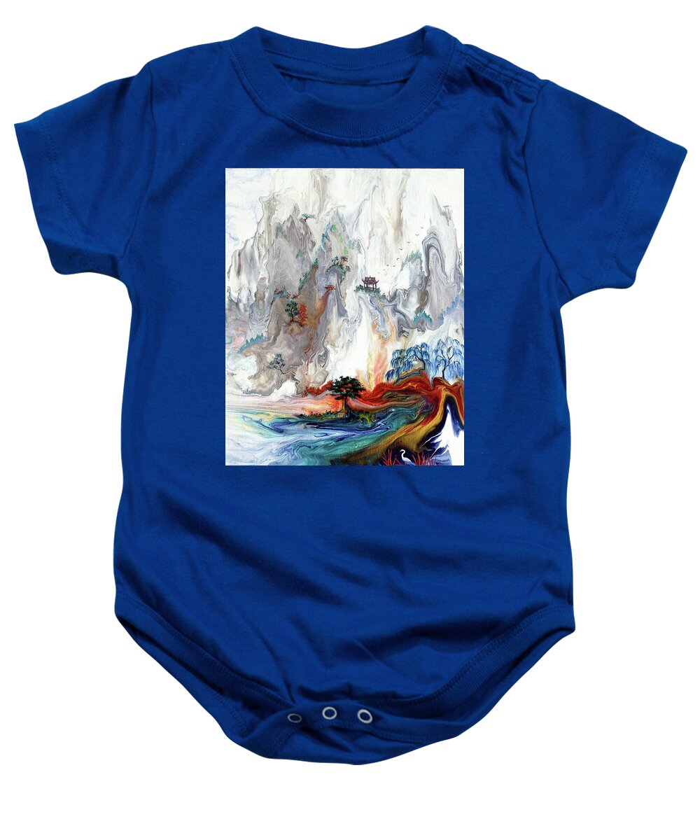 Egret Baby Onesie featuring the painting Monk and Egret Beneath a Mountaintop Shrine by Laura Iverson