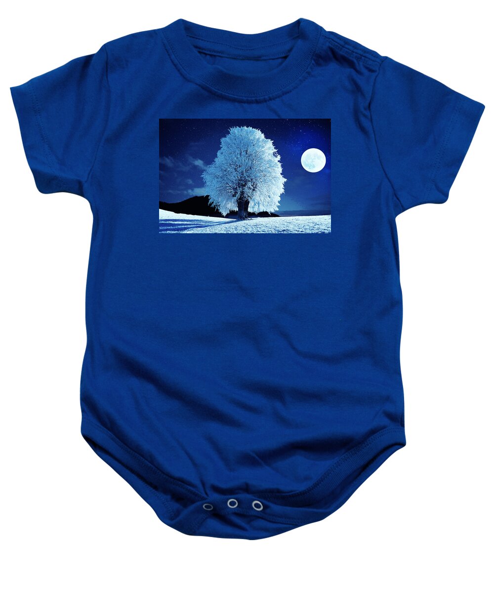 Moonlit Night Baby Onesie featuring the photograph Moonlit Winter Night by Alex Mir