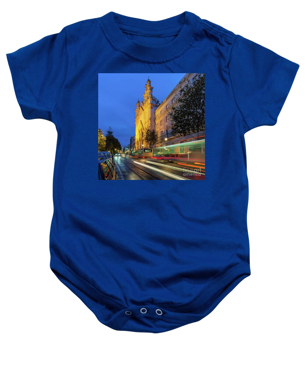 Catholicism Baby Onesie featuring the photograph Night View of del Carmen Church in Alameda Apodaca with Car Trails Cadiz by Pablo Avanzini