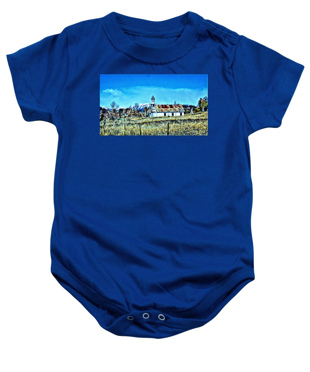 Old Church Baby Onesie featuring the mixed media Old Church Pagosa Springs by Anastasia Savage Ealy