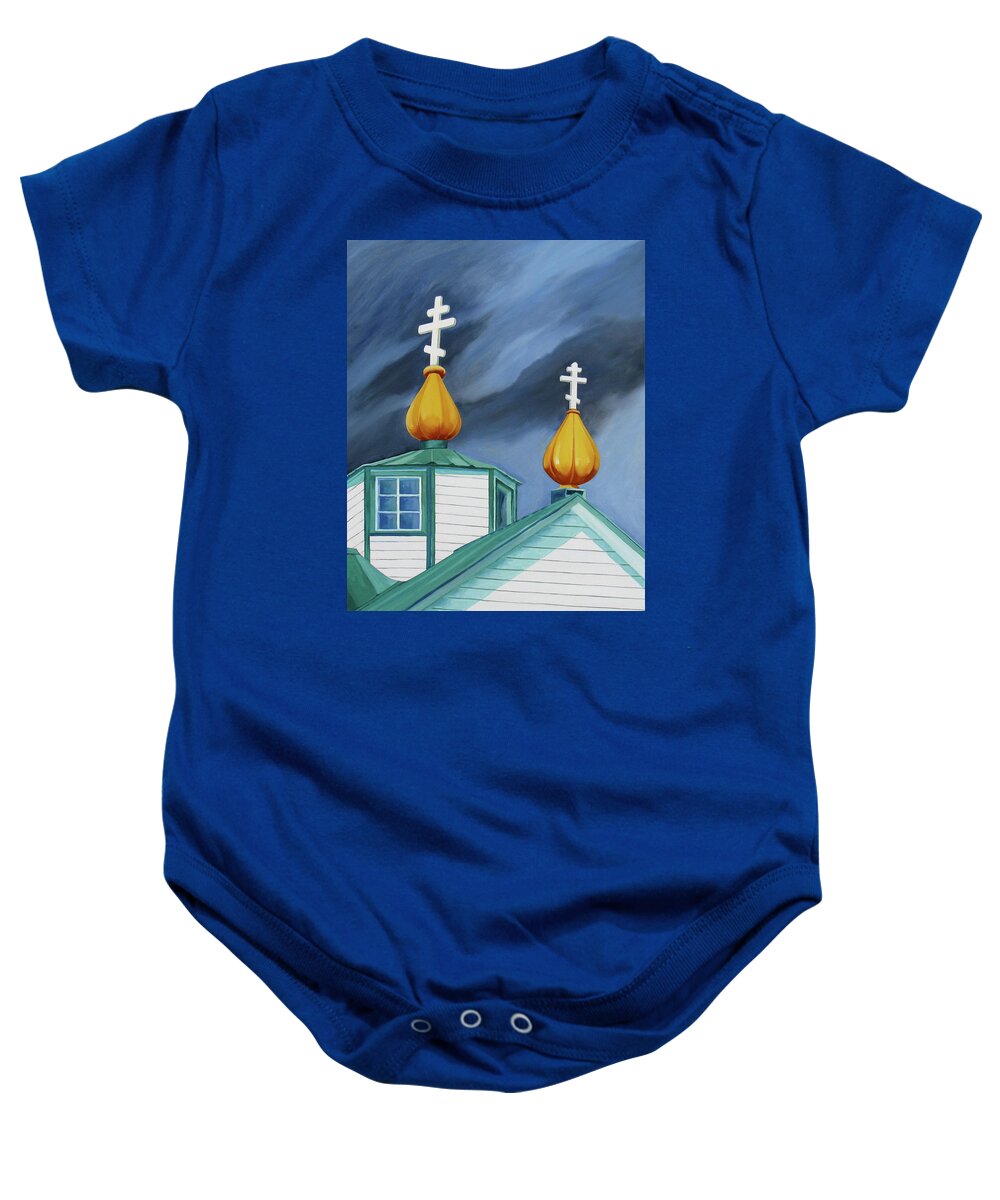 Holy Transfiguration Of Our Lord Chapel Baby Onesie featuring the painting Onion Dome Crosses, Ninichik, Alaska by Shirley Galbrecht