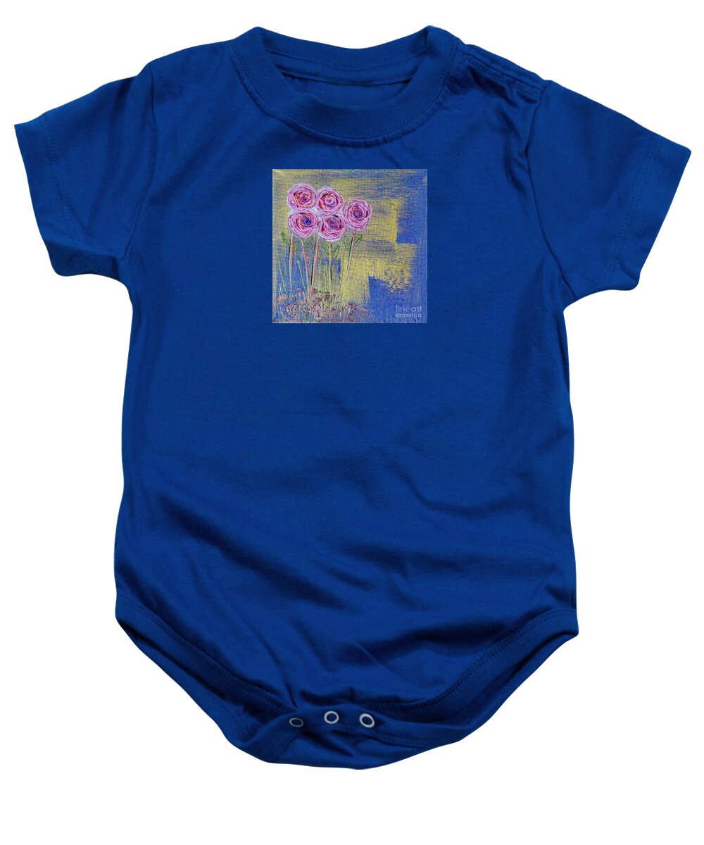 Rose Baby Onesie featuring the painting Pink Roses Stand Tall by Corinne Carroll