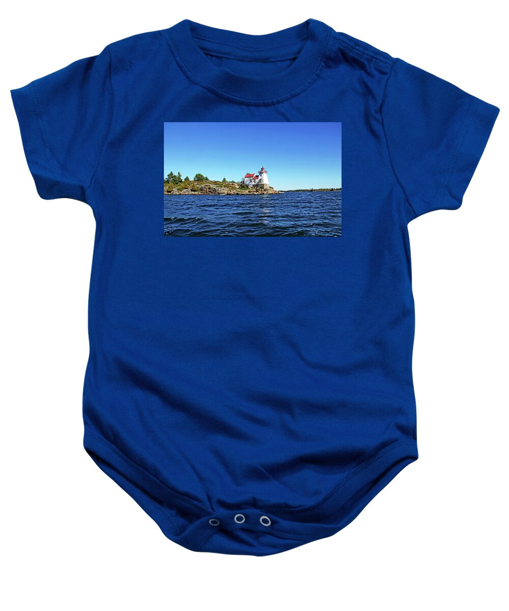 Pointe Au Baril Baby Onesie featuring the photograph Pointe Au Baril Lighthouse by Debbie Oppermann