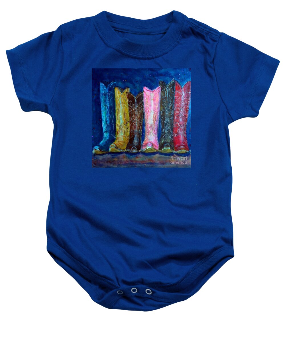 Posse Baby Onesie featuring the painting Posse Boots by Amy Stielstra