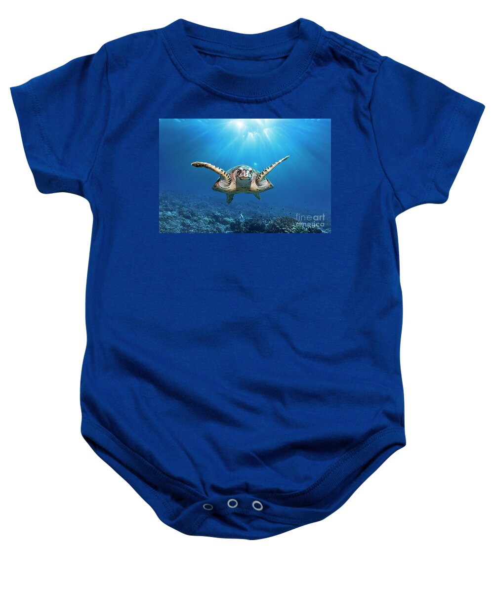 Turtle Baby Onesie featuring the photograph Sea Turtle under the sun by Norbert Probst