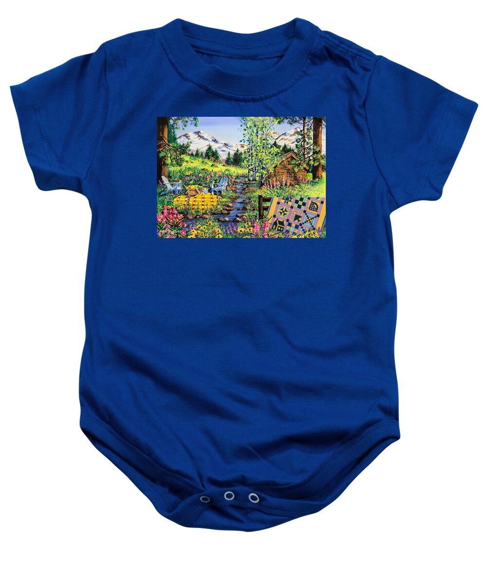 Log Cabin Baby Onesie featuring the painting Sisters Sampler by Diane Phalen