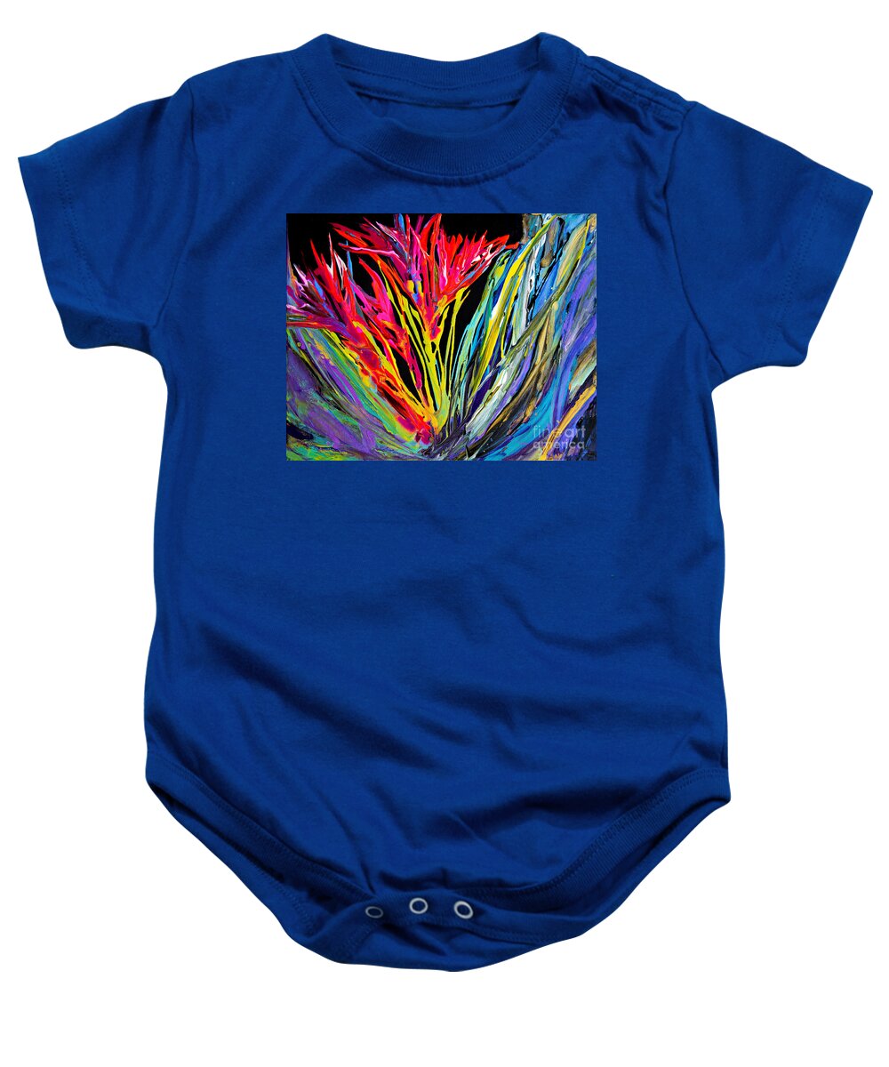 Impressionist Flowers Bright Colorful Fun Dynamic Organic Compelling Energy Overflowing Baby Onesie featuring the painting Spikey and Bright 7680 by Priscilla Batzell Expressionist Art Studio Gallery