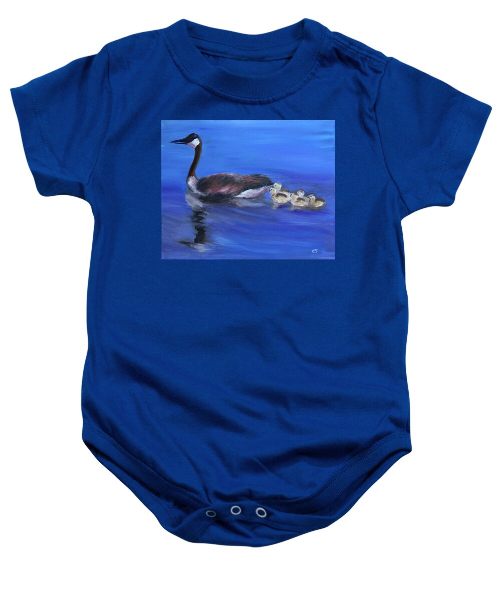 Canadian Goose Baby Onesie featuring the painting Spring Surprise by Evelyn Snyder