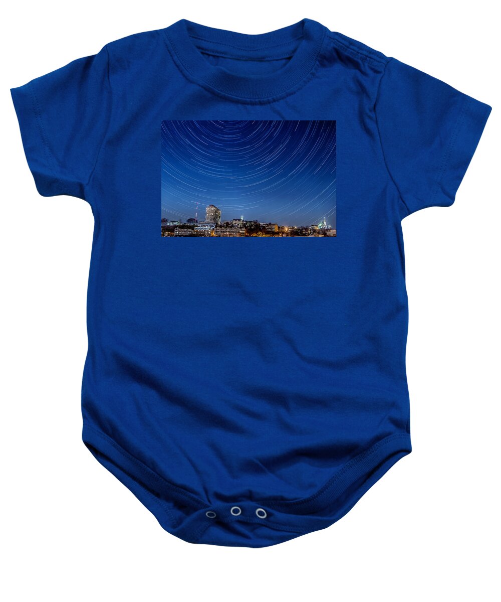 Town Baby Onesie featuring the photograph Star Trails Behind Mt. Adams Cincinnati Ohio by Dave Morgan