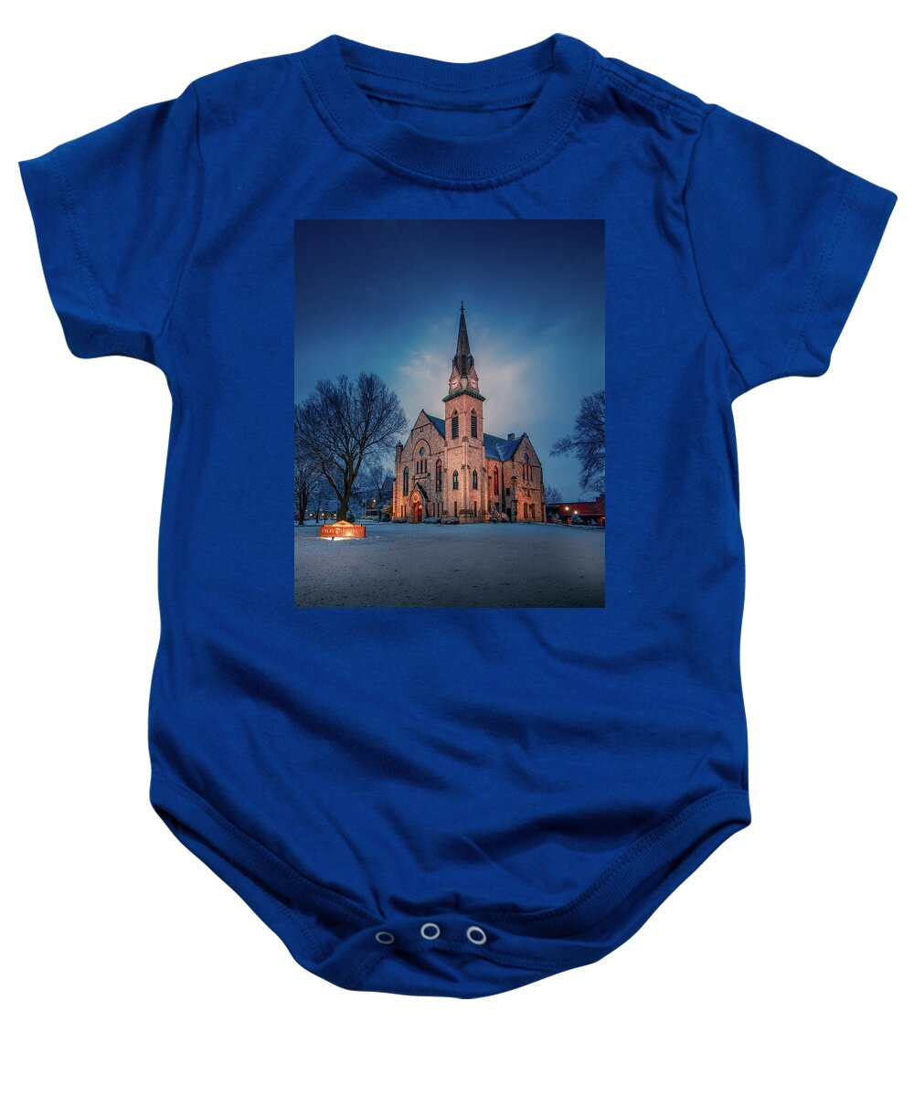Winter Baby Onesie featuring the photograph Stone Chapel Christmas 6 by Allin Sorenson