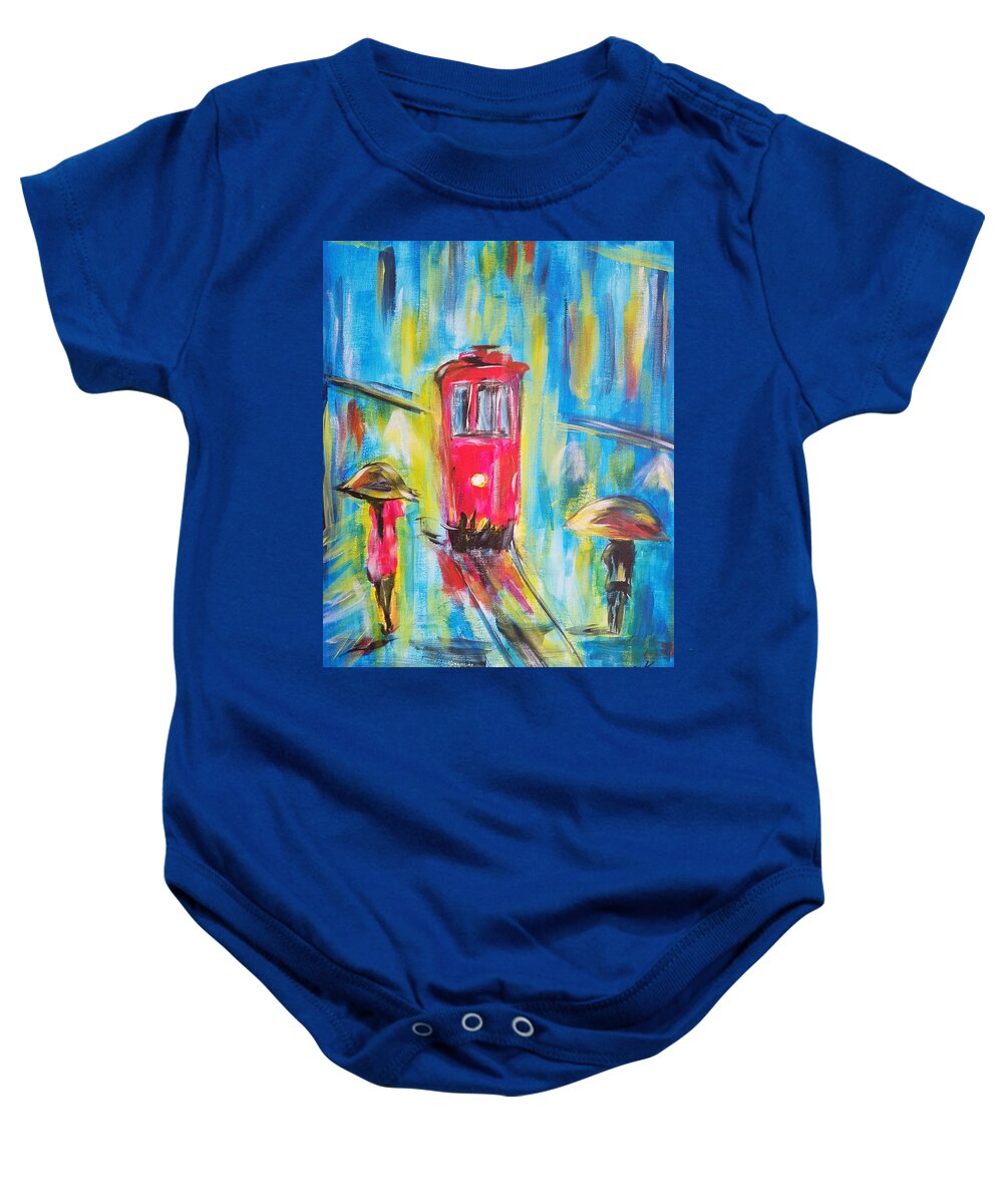 Street Car Baby Onesie featuring the painting Street Car In The Rain by Brent Knippel