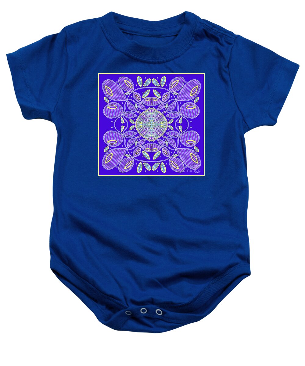 Blue And Purple Strips Baby Onesie featuring the mixed media Striped Blobs and Ornate Center in Blue, Purple, Turquoise and Yellow by Lise Winne