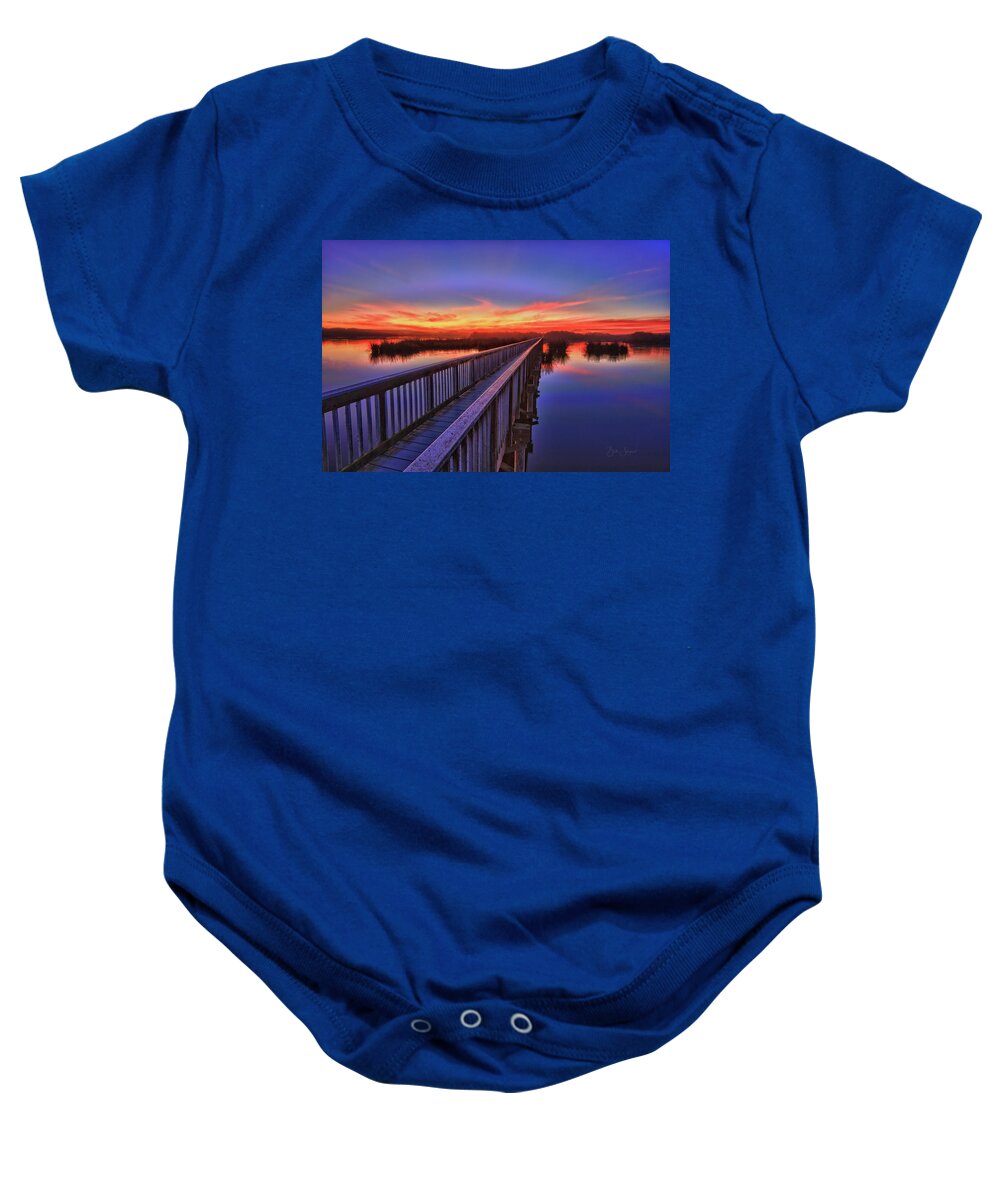 Oso Flaco Lake Baby Onesie featuring the photograph Sunset Walkway by Beth Sargent