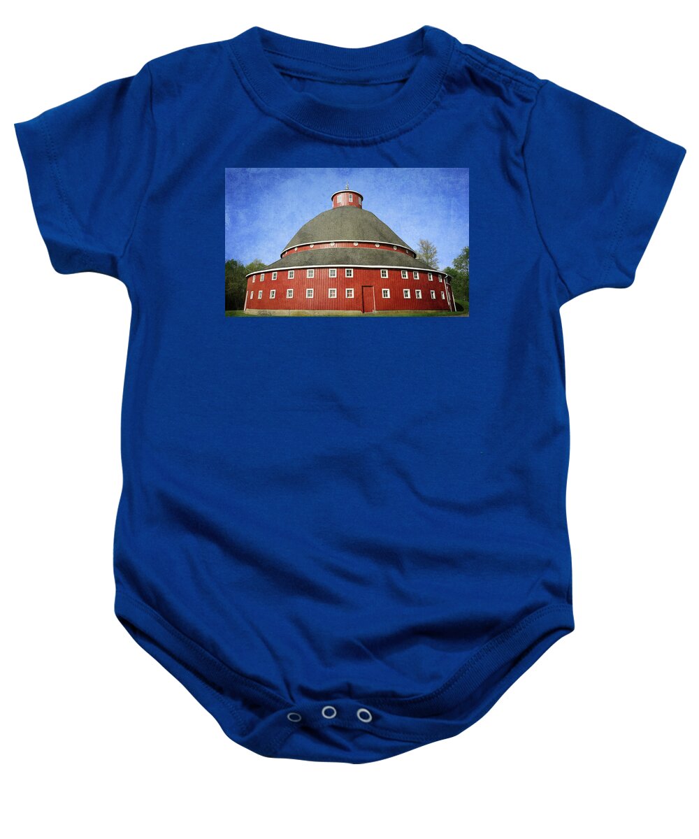 Ohio Red Round Barn In Summer Baby Onesie featuring the photograph Textured Manchester Red Round Barn by Dan Sproul