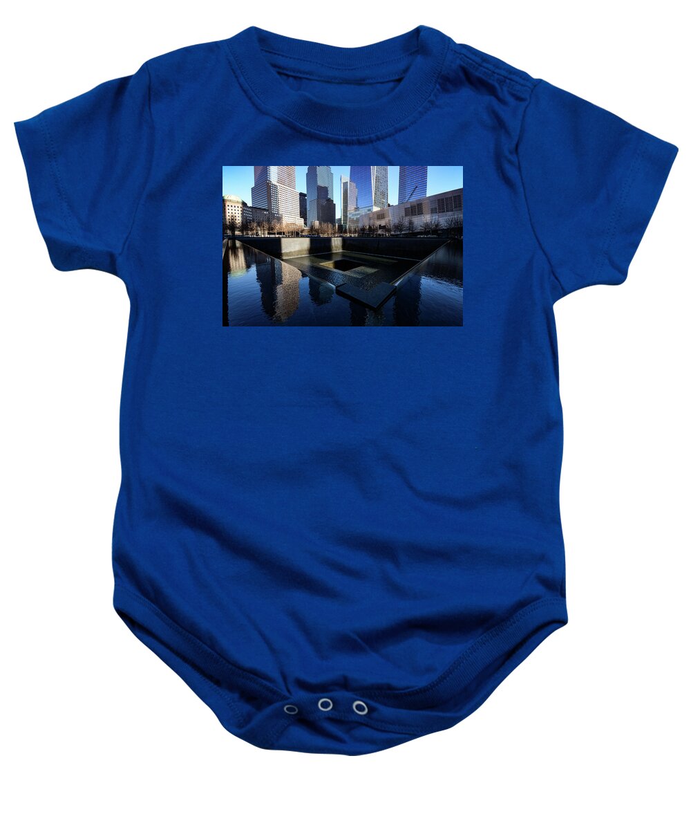 9/11 Baby Onesie featuring the photograph For The Survivors - Ground Zero, 9/11 Memorial. New York City by Earth And Spirit