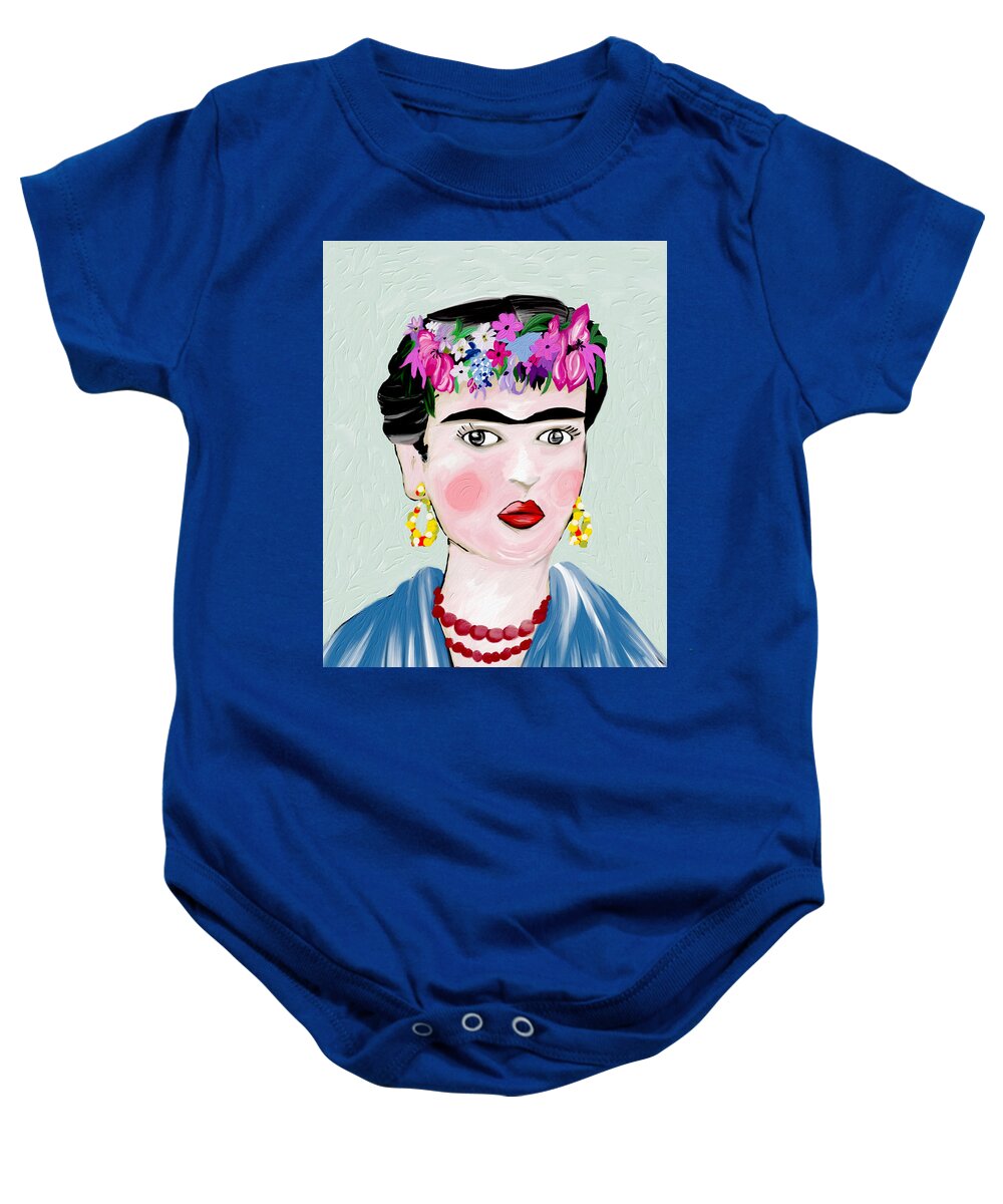 Frida Khalo Baby Onesie featuring the mixed media The Inspirational Frida Khalo by Ann Leech